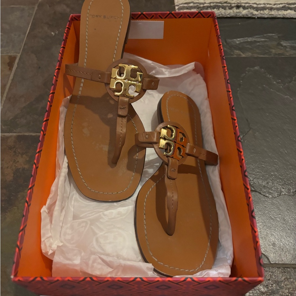 Tory Burch Tan Miller Thong Sandals with Gold Logo